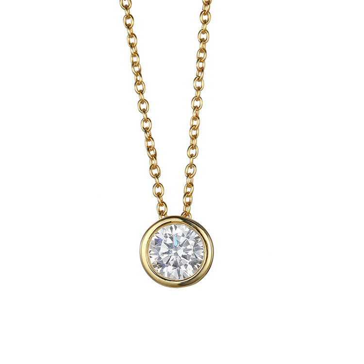 Gold-tone round zircon pendant necklace on a white background