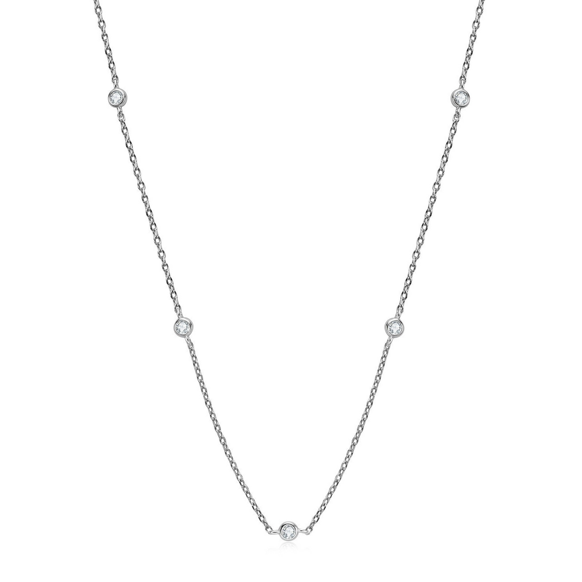 Silver-tone fine station chain necklace with tiny clear stations on a white background