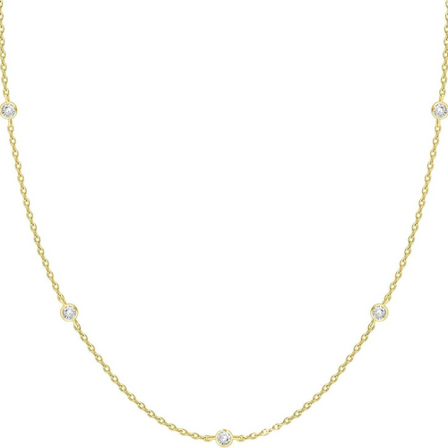 Gold-tone fine station chain necklace with tiny clear stations on a white background