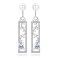 Silver-tone rectangular drop earrings with zircon-style stones, pearl-style beads and a pearl-style top