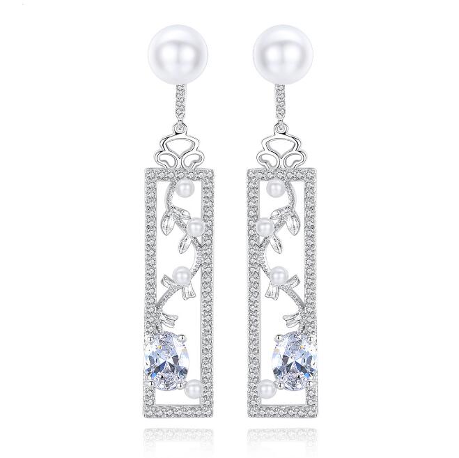 Silver-tone rectangular drop earrings with zircon-style stones, pearl-style beads and a pearl-style top