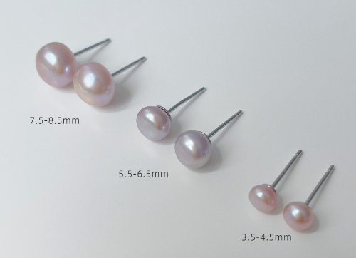 Purple pearl-style stud earrings in three sizes with silver-tone posts, size chart