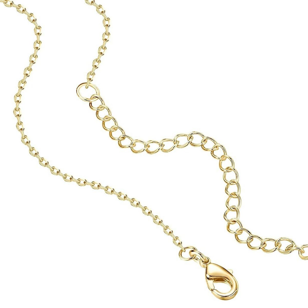 Close-up of the gold-tone chain's lobster clasp and extender chain