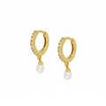 Gold-tone mini huggie hoop earrings with zircon stones and a small pearl-style drop