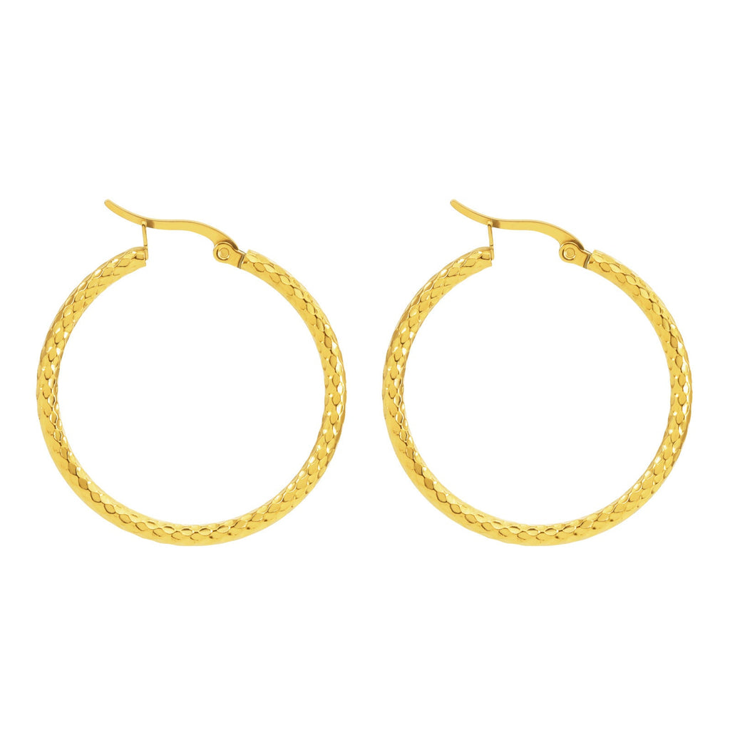 Pair of gold-tone textured hoop earrings with latch-back closures, white background
