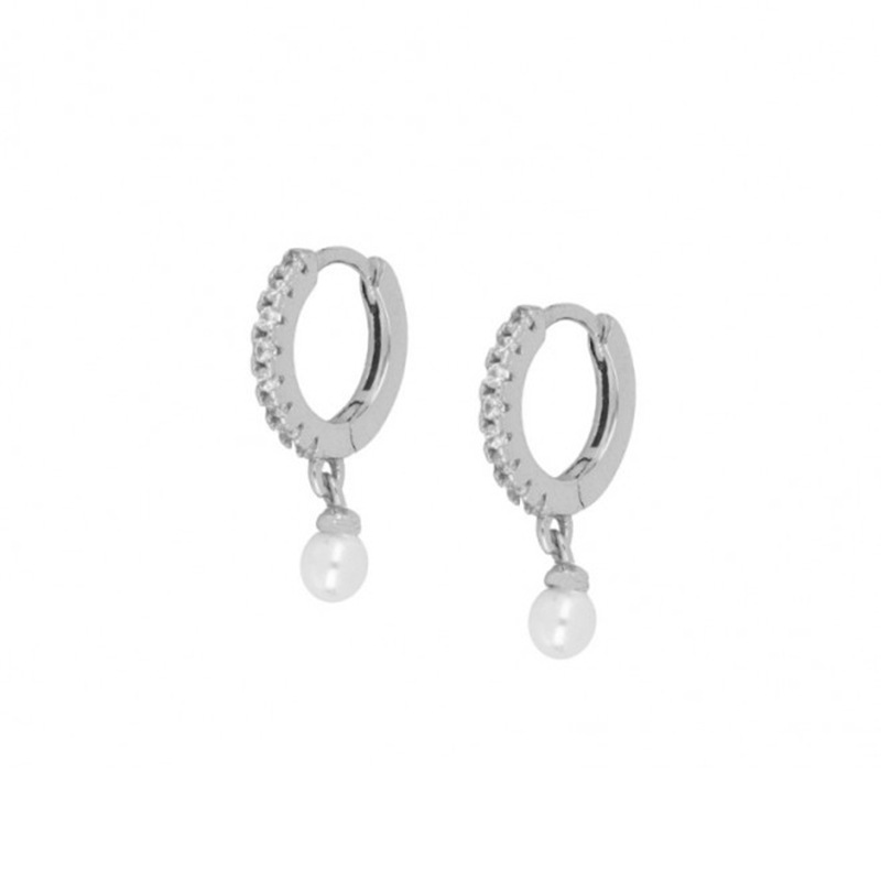Silver-tone mini huggie hoop earrings with zircon stones and a small pearl-style drop