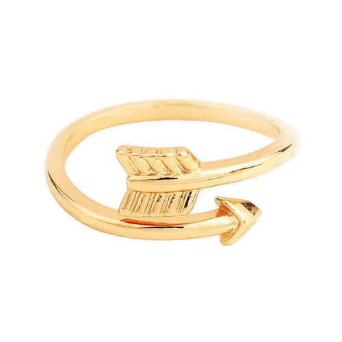 Gold-tone adjustable arrow wrap ring with a feathered tail, white background