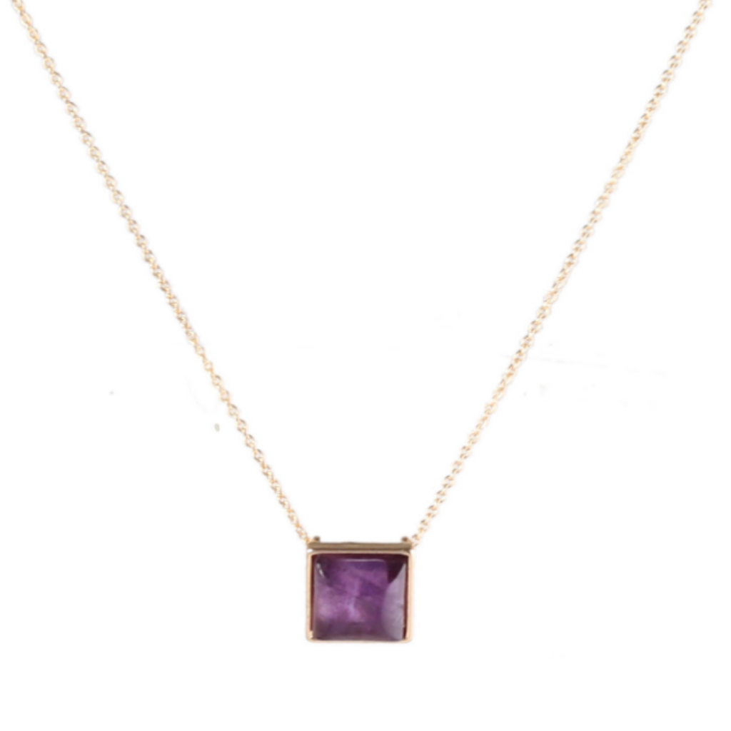 Purple square pendant in a gold-tone frame on a fine gold-tone chain, white background